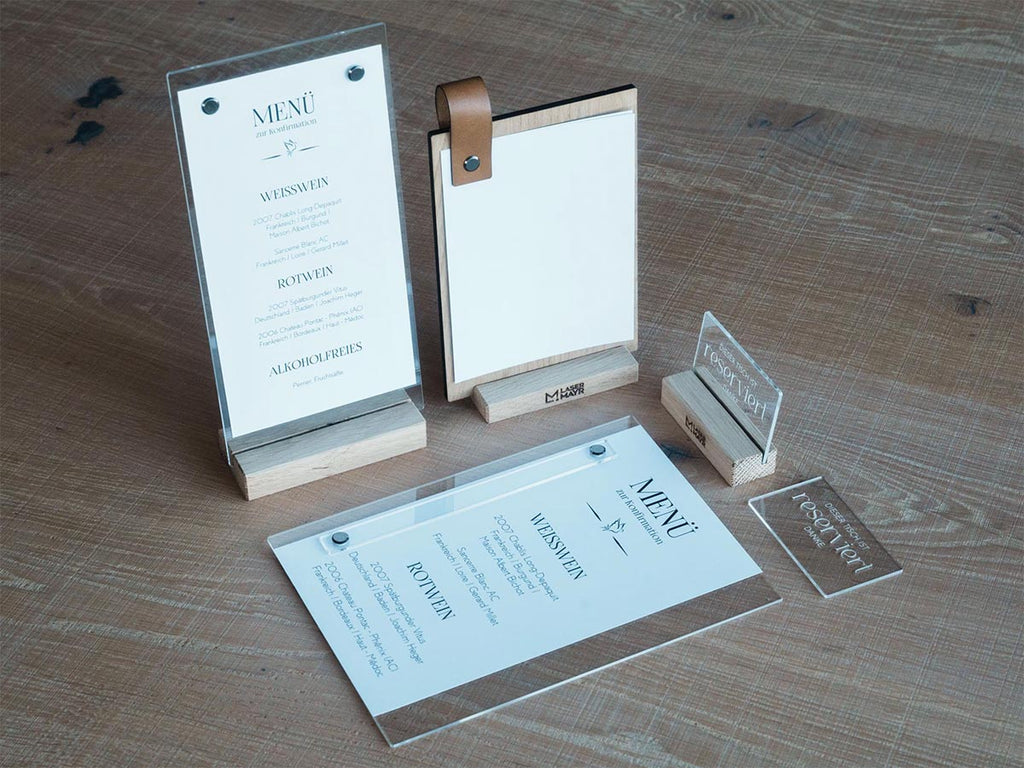 Speisekarte Holz Menü Klemmbrett Lederschlaufe Logogravur