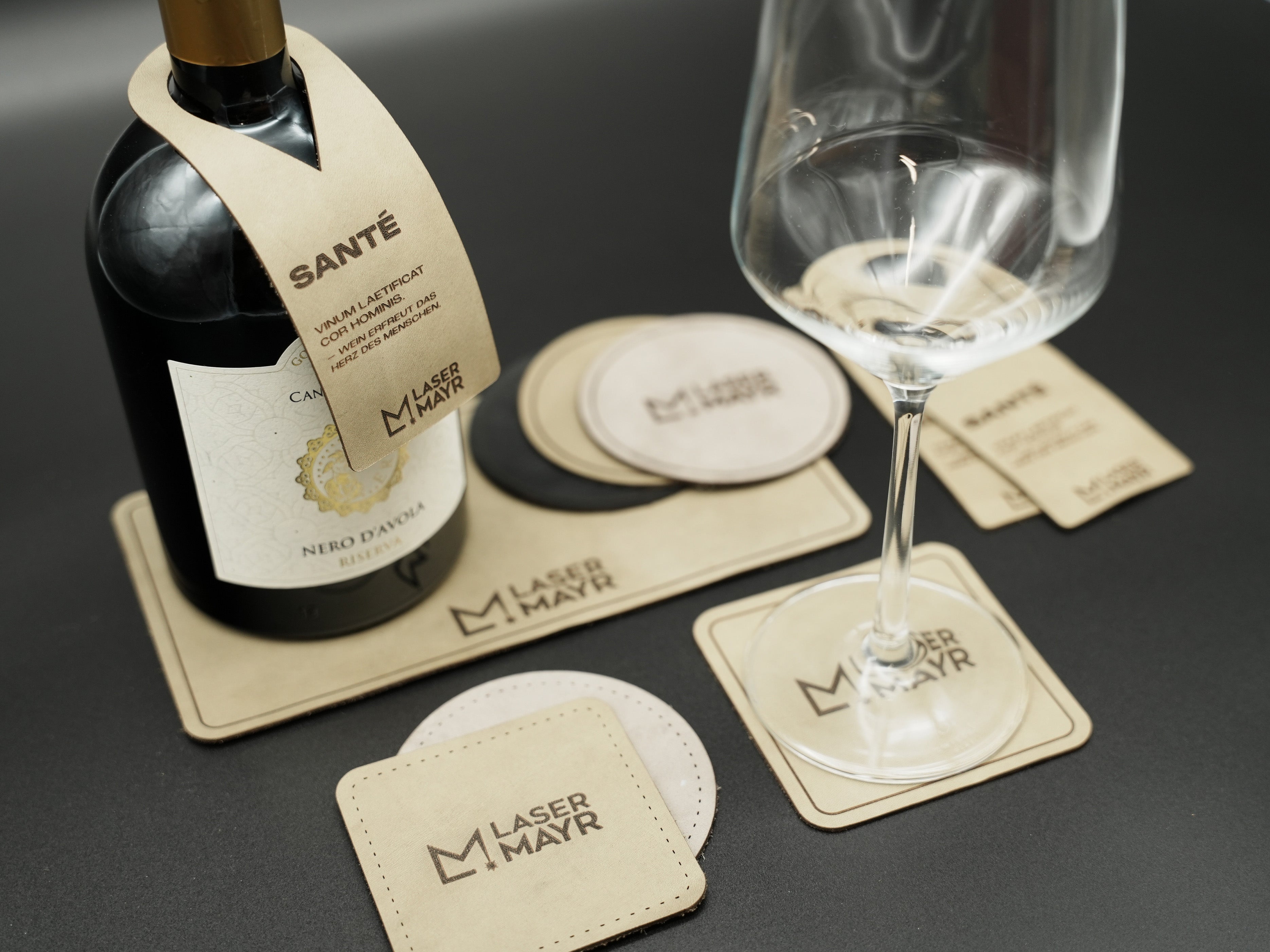 4er Set Glas Untersetzer Leder Logo Gravur