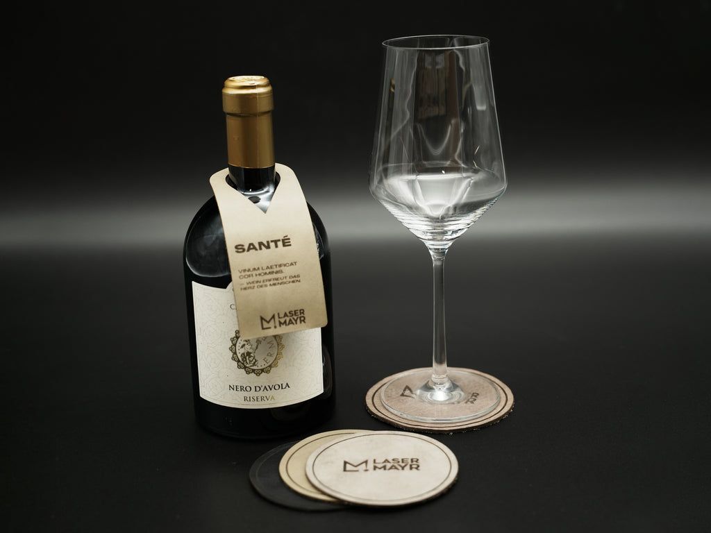 4er Set Glas Untersetzer Leder Logo Gravur