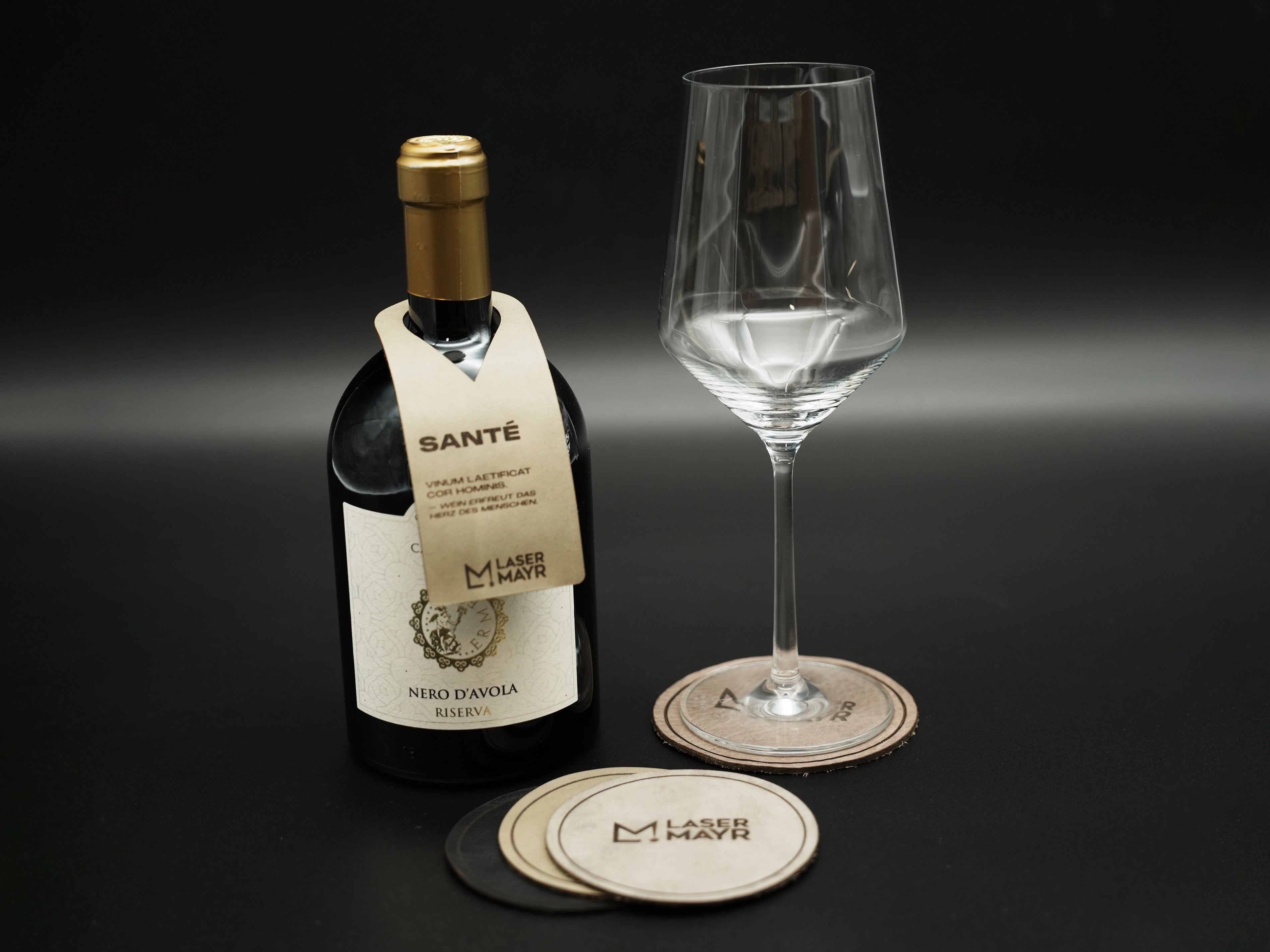 4er Set Glas Untersetzer Leder Logo Gravur