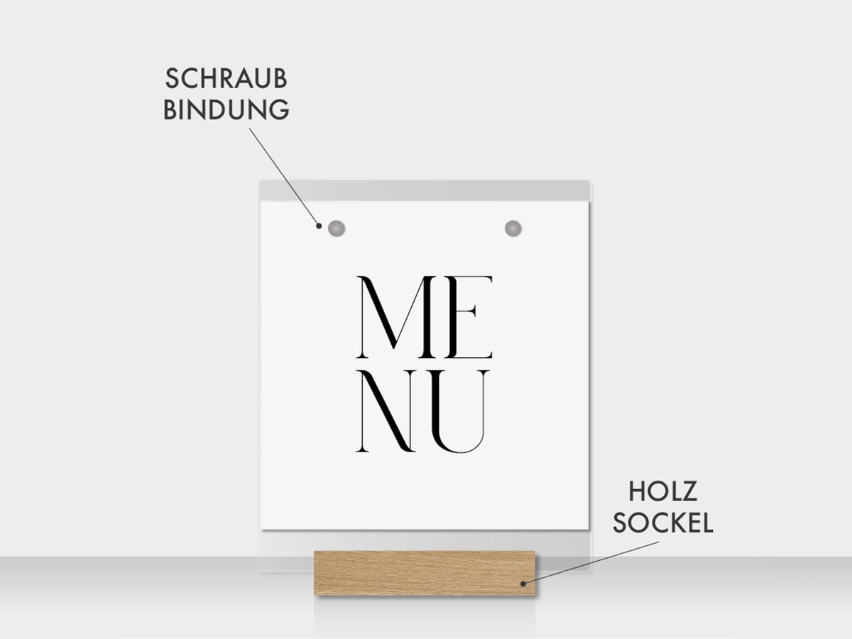 Speisekarte Quadratisch mit Holzständer und Bindeschraube