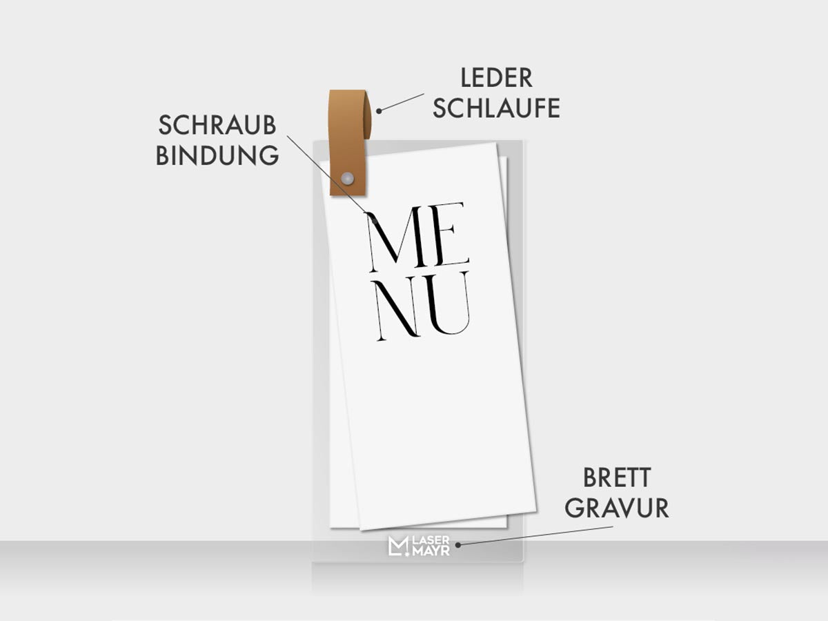 Speisekarte mit Lederschlaufe und Gravur in Acryl