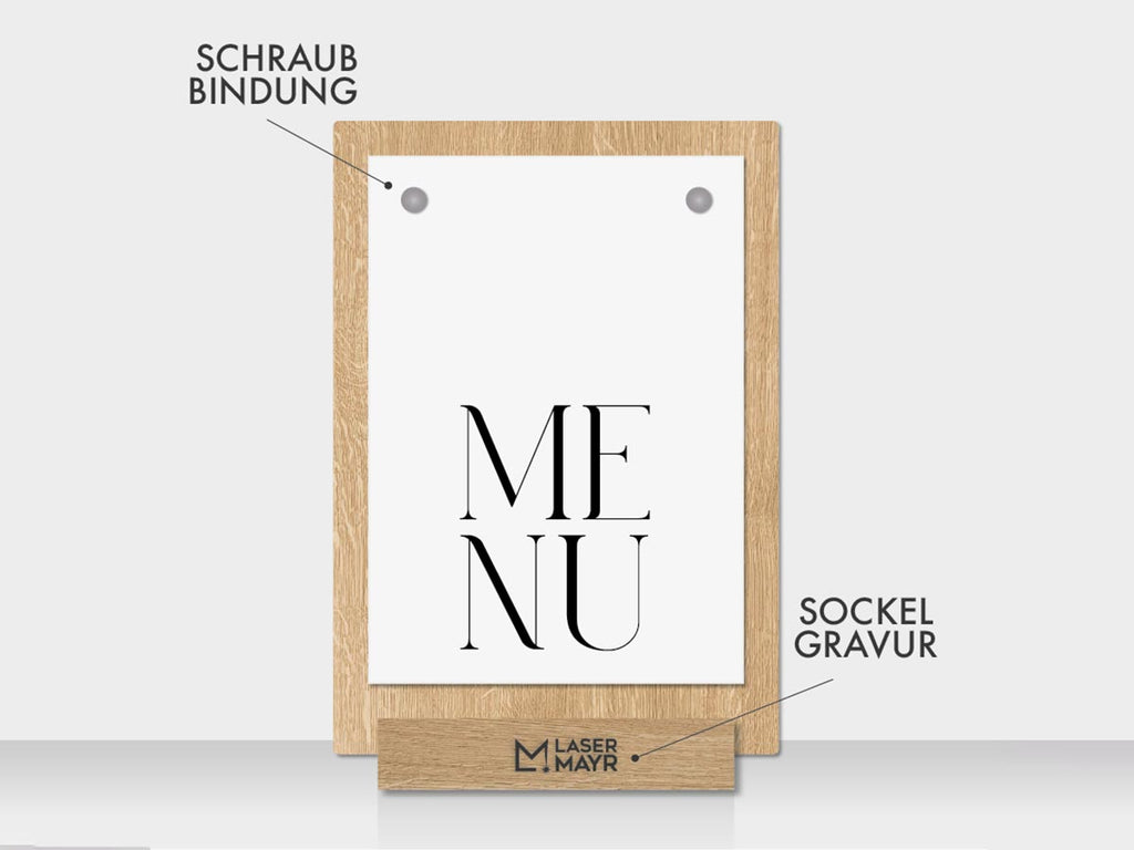 Speisekarte mit Bindeschrauben und Gravur in Eiche