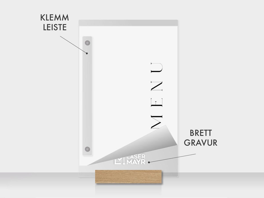 Speisekarte mit Klemmleiste und Gravur in Acryl