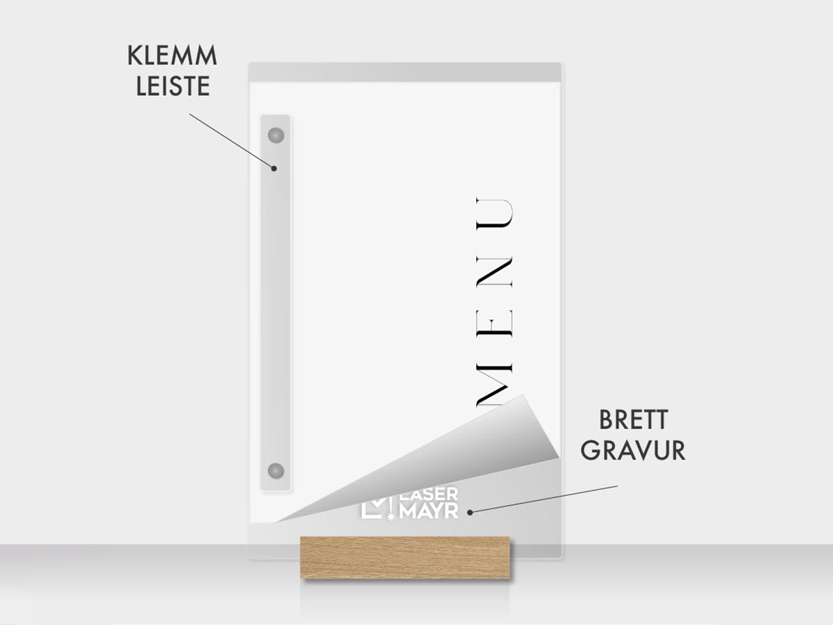 Speisekarte mit Klemmleiste und Gravur in Acryl