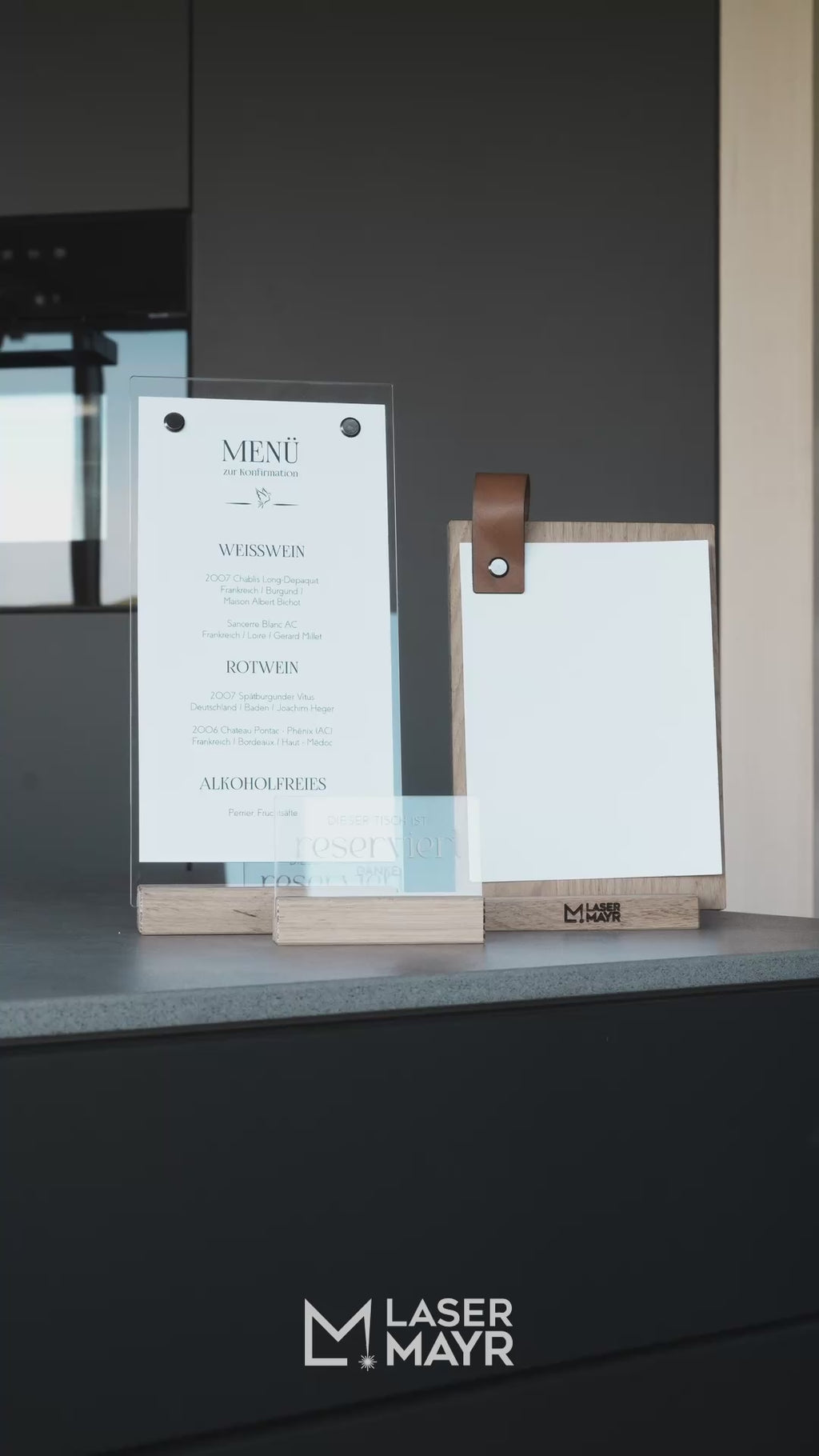 Speisekarte Holz Menü Klemmbrett Lederschlaufe Logogravur